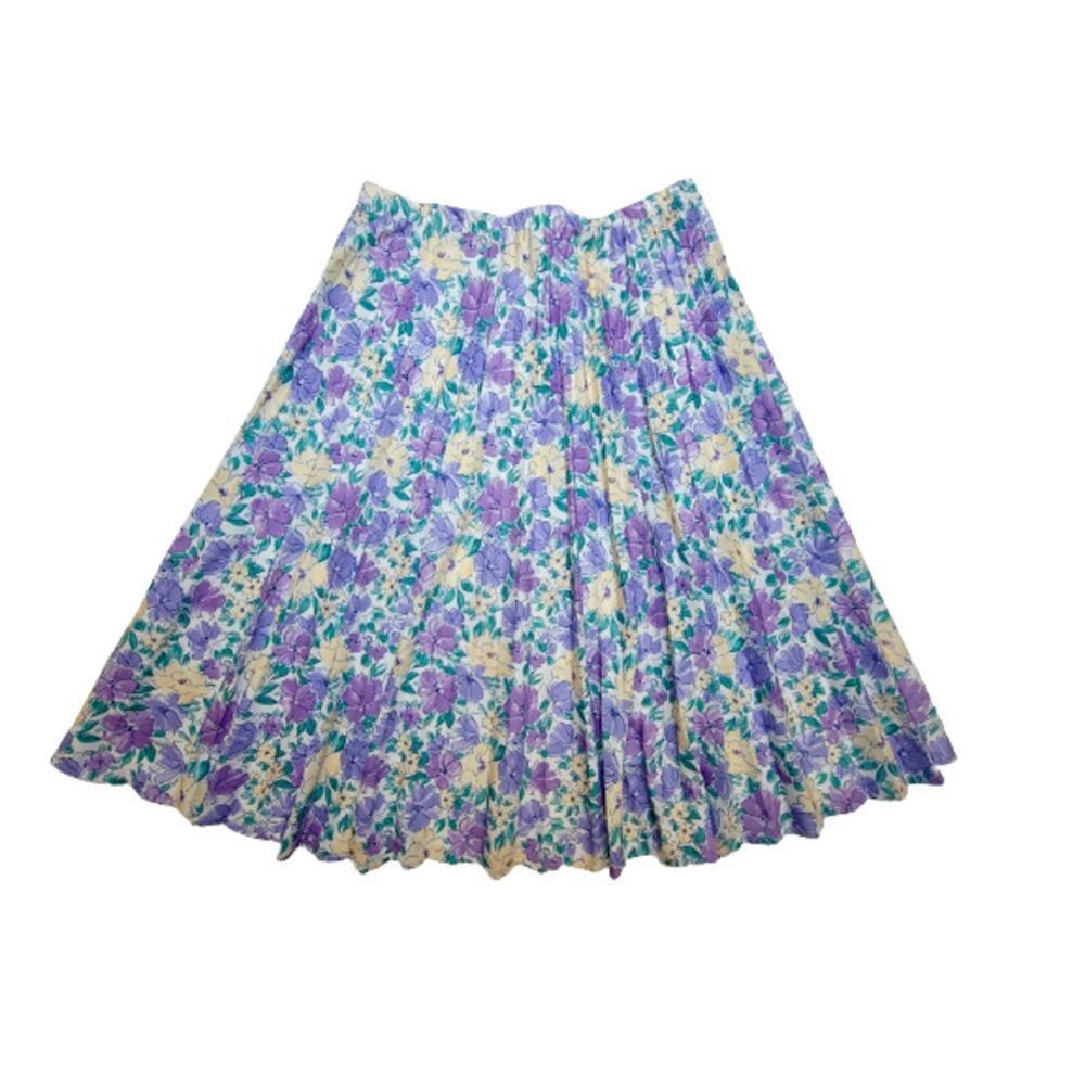 Baroness Polyester Pleated Midi Skirt Purple Yellow Floral Size XL VTG